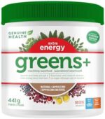 Genuine Health Greens+ Extra Energy Superfood Powder, 30 servings, Spirulina and Wheat Grass, Natural Cappuccino Flavour,445g