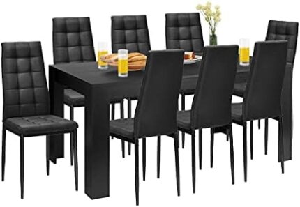 Giantex 9 Pcs Dining Table Set, Wood Rectangular Table with 8 Upholstered Chairs Set, Modern Kitchen Table Set, Black Dining Room Table Set, Home Kitchen Dinette Furniture Family Party