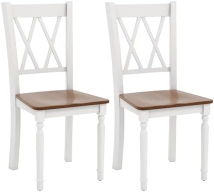 Giantex Dining Room Chairs Set of 2 White, Wooden Farmhouse Kitchen Chairs with Rubber Wood Seat, Acacia Wood Legs, Max Load 360 Lbs, Heavy Duty Wood Armless Dining Chairs with High Back