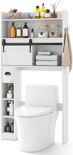 Giantex Over The Toilet Storage Cabinet, 6-Tier Freestanding Above Toilet Rack with Gliding Door, Adjustable Shelf, Anti-Tipping Device, Side Hooks, Space-Saving Bathroom Storage Organizer (White)