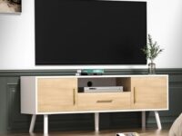 Giluta Modern TV Stand 55 inch, TV Table with Storage for Living Room, Media TV Console Table with Drawer, Bedroom Entertainment Center in White and Oak Finish