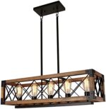 Giluta Rectangle Wood Chandelier Farmhouse Style Dining Room Kitchen Lighting Fixtures, 5 Lights Ceiling Hanging Pendant Lighting UL Listed