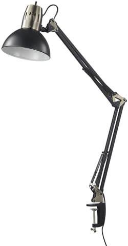 Globe Electric 62000009 32" Multi-Joint Desk Lamp with Metal Clamp, Matte Black, Antique Brass Accents, On/Off Rotary Switch on Shade, Partially Adjustable Swing Arm, Home Décor, Office Accessory