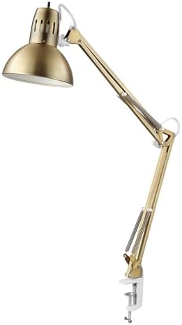 Globe Electric 62000010 32" Multi-Joint Desk Lamp with Metal Clamp, Matte Brass, White Accents, On/Off Rotary Switch on Shade, Partially Adjustable Swing Arm, Home Décor, Office Accessory