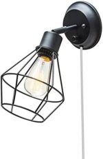 Globe Electric 65291 1-Light Plug-in or Hardwire Industrial Cage Wall Sconce, Matte Black Finish, On/Off Rotary Switch, 6ft Clear Cord, Wall Lights for Bedroom Plug in, Kitchen Sconces Wall Lighting