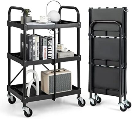 Goplus Folding Utility Cart, 3-Tier Rolling Tool Cart with Universal Wheels, Triangular Structure, Collapsible Metal Service Cart Work Cart for Home, Office, Warehouse, Black