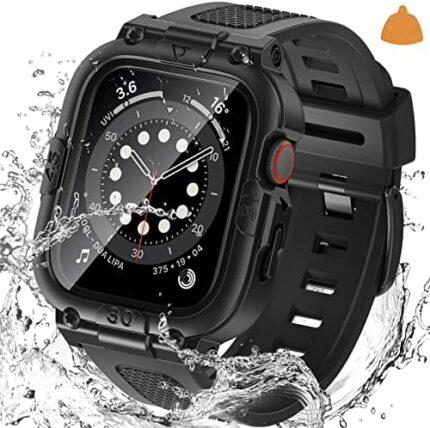 Goton 3 in 1 Waterproof Case and Band with Tempered Glass Screen Protector for Apple Watch Series 9 8 7 6 5 4 SE Ultra 44mm 40mm 45mm 41mm 49mm, Hard PC Front&Back Bumper Cover for iWatch Accessories