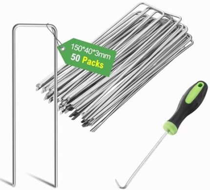 Graxury 6 Inch Heavy Duty 11 Gauge Garden Pins Stakes - Galvanized Steel Staples Securing Pegs for Securing Anchoring Weed Fabric Landscape,Netting and Tubing with 1 Pick Hook (Staples, 50Packs)