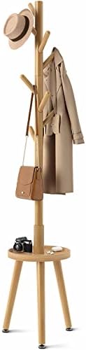 Greenstell Coat Rack, Wooden Coat Rack Stand with 8 Hooks, Coat Tree with 4 Height Options 50.5"-72.6", Coat Hanger Stand with Round Tray for Bags, Clothes, Umbrellas, Hats, in Home, Natural