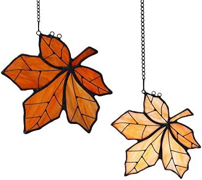 HAOSUM Maple Leaves Stained Glass Window Hanging,Fall Leaf Decorations, Suncatcher for Window,Stained Glass Leaves Window Decoration Home Decor Gifts for Women 2pcs 4X4.4 in