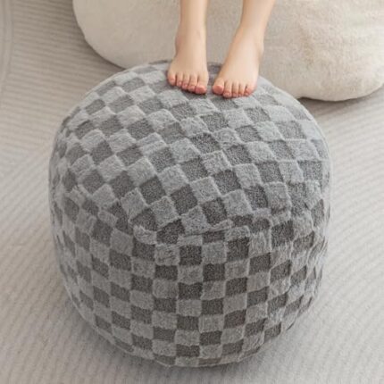 HIGOGOGO Round Stuffed Pouf Ottoman, Plaid Poufs with Foam Chunk Filling, Fluffy and Furry Pouf Foot Stool Storage Ottoman, 20 X 15 Floor Poufs Foot Rest for Living Room, Grey