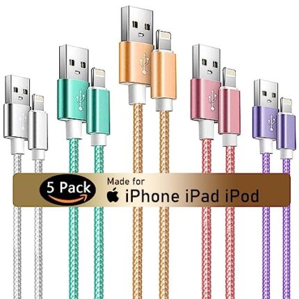 HKYUSHINE iPhone Charger Cord, 5Pack (3/3/6/6/10ft) Lightning Cable, MFi Certified Nylon Braided Apple Charger Cable, Phone Chargers for iPhone 14 13 12 11 Xs Max XR X 8 7 6s Plus, for iPad, Airpods