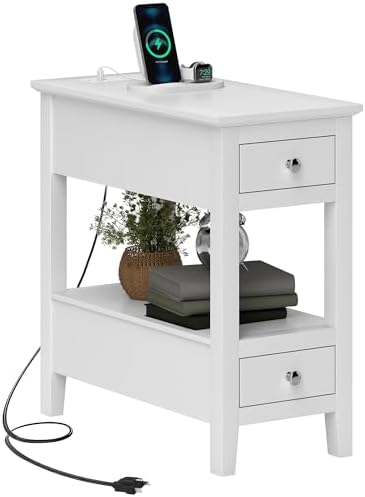 HOMCOM End Table with Charging Station and USB Ports, Modern Narrow Side Table with Storage Shelf, 2 Drawers for Living Room, White