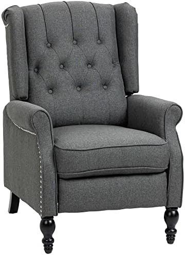 HOMCOM Fabric Recliner Chair for Living Room, Push Back Reclining Chair with Wingback, Button Tufted, Nail Head Trim, Footrest, Dark Grey