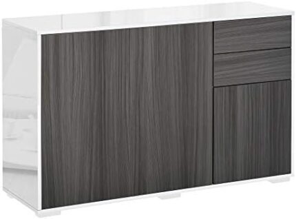 HOMCOM High Gloss Buffet Sideboard with 2 Drawers, 3 Doors and Adjustable Shelf, Kitchen Storage Cabinet with Push Open Design, Grey and White