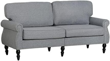 HOMCOM Traditional Style Double Sofa with Sponge Padding and Rubber Wood Leg, 2 Seater Nail Head Accent Loveseat for Living Room, Dining Room, Bedroom, Office, Light Grey