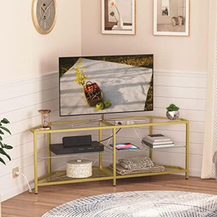 HOOBRO Corner TV Stand with Power Outlet for TVs up to 60", Modern 55" Corner TV Console Table with Open Shelves, Tempered Glass Media Entertainment Center for Living Room, Bedroom, Gold GD143UDS01