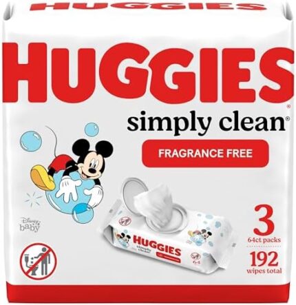 HUGGIES Baby Wipes, Huggies Simply Clean, UNSCENTED, Hypoallergenic, 3 Flip-Top Packs, 192 Count