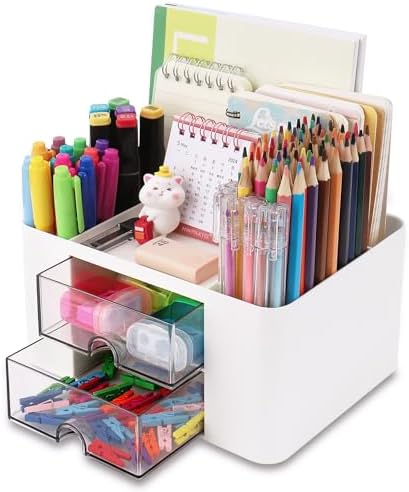 HWPRATO Mini Drawer Organizers Accessories with Compartments and Drawers, Plastic Pen Holder for Desktop Storage for School, Office Supplies (Square Desk Organizer-White)