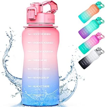 Half Gallon/64oz Motivational Water Bottle with Time Marker & Straw, Koeka Multifunctional Leak proof BPA Free Fitness Sports Water Jug with Handle for Fitness,Gym and Outdoor Sports(Pink+Blue)