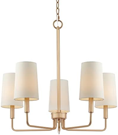 Homebelife Chandelier, Muted Gold with White Fabric Shade, Farmhouse Linear Island Lighting Fixture for Kitchen, Dining Room (5-Light Muted Gold with Fabric Shades)