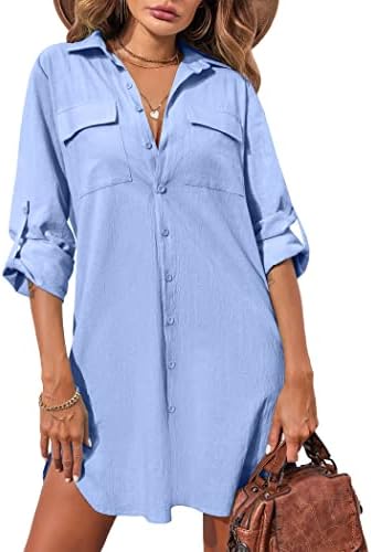 Hotouch Women's Oversized Button Down Shirt Dress with Pockets Long Sleeve Cotton Linen Cover Ups Casual Tunic Blouse Top