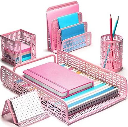 Hudstill 5 Piece Office Supplies Pink Desk Organizer Set in Stylish Art Deco Design - Perfect Pink Desk Accessories and Room Decor for Cubicle, Office, School or Home Office Desk for Women and Girls