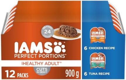 IAMS Perfect Portions Healthy Wet Cat Food Adult Grain Free Cuts in Gravy - Chicken and Tuna, 12CT Multipack, 75g Tray