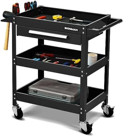 IRONMAX 3 Tier Tool Chest, Heavy Duty Industrial Utility Service Cart with Drawer & Universal Wheels, Rolling Mechanic Tool Box Organizer for Garage Warehouse Workshop Shop Office (Black)