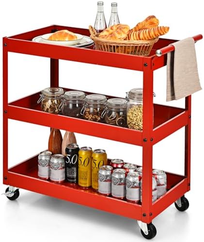 IRONMAX 3 Tier Utility Cart, Heavy Duty Metal Rolling Cart on Wheels with Brake, 330LBS Capacity Push Service Tool Cart for Kitchen Office Workshop Garage Restaurant (Red)