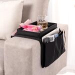 JMGO Couch Cup Holder Tray Anti-Slip Armchair Cloth Sofa Table Armrest Tray with Pockets for Remote, Snacks, Cellphone iPad, Black Sofa Table Organizer