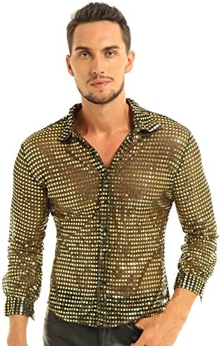 JanJean Men's Shiny Glitter Sequins Disco Shirt Long Sleeve Button Down Top Shirts Dancewear Clubwear