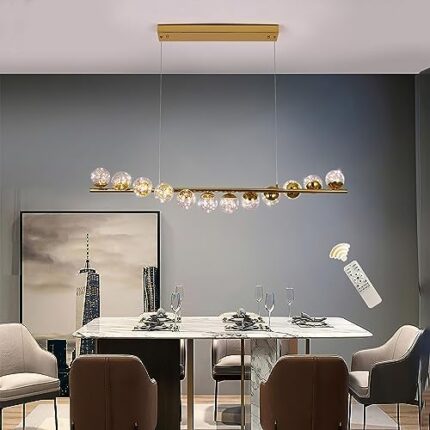 Jaycomey Modern Gold Pendant Light, 47" Dimmable LED Globe Pendant Light, Adjustable Modern LED Gold Chandelier Linear Hanging Pendant Light for Kitchen Island Dining Room Table (12 -Bulbs)