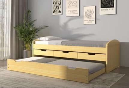 Joseph Natural Panel Wood Twin Daybed with Trundle, Pine Wood Captain’s Bed Storage Daybed, Space Saving Twin Daybed with 3 Storage Drawers, No Box Spring Needed, Trundle Bed, Natural