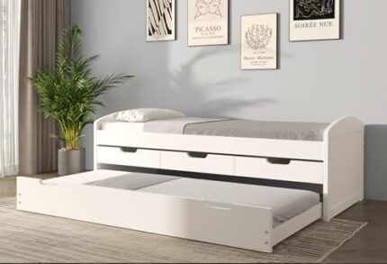 Joseph White Panel Wood Twin Daybed with Trundle, Pine Wood Captain’s Bed Storage Daybed, Space Saving Twin Daybed with 3 Storage Drawers, No Box Spring Needed, Trundle Bed, White