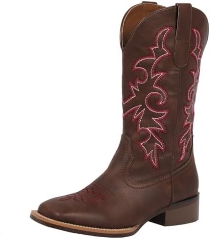 J's.o.l.e Cowboy Boots Woman Cowgirl Boots Botte Cowboy Femme Square Toe Wide Mid Calf Brown Boot