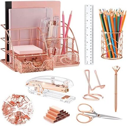 KAAKOW Rose Gold Desk Organizers and Accessories Office Supplies Set Stapler, Pen Holder, Phone Holder, Scissors, Pen, Ruler, 30 Paper Clips, 22 Binder Clip, 20 Tacks and 1000pcs Staples