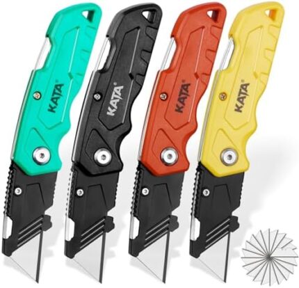 KATA 4-Pack Folding Utility Knife, Heavy Duty Box Cutter with 20pcs SK5 Quick Change Blades, Safety Lock Back Design, Used for Cutting Cartons, Cardboards and Boxes