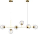 KCO Lighting 6 Light Bubble Chandelier Lighting Clear Glass Globe Chandelier Brass Gold Linear Chandelier Mid Century Modern Pendant Light for Living Room Kitchen Island Dining Room