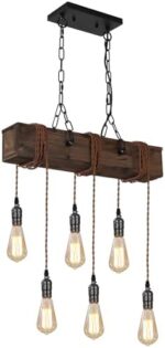 KEESFU 6-Lights Dining Farmhouse Chandelier, Farmhouse Wooden Ceiling Pendant Light, Height Adjustable, Rustic Chandelier for Kitchen Island Dining Room Bar Pool Table Cabin.