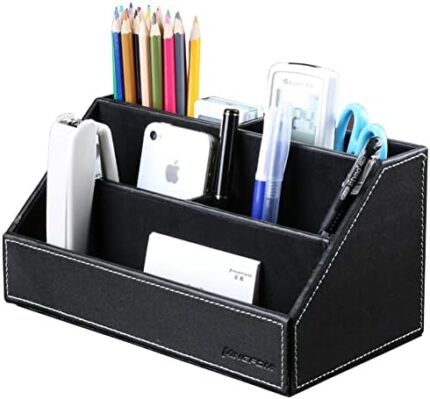 KINGFOM Leatherette Multi-Function Desk Organizer Storage Box, 5 Compartments Office Supplies Caddy, Pen/Pencil, Cell Phone, Business Name Cards, Note Paper, Remote Control Holder Organizer