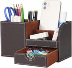 KINGFOM Wooden Struction Leather Multi-function Desk Stationery Organizer Storage Box Pen/Pencil,Cell phone, Business Name Cards Remote Control Holder with Small Drawer Brown