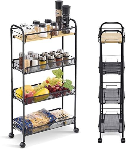 KINGRACK 4-Tier Slim Rolling Cart,Metal Utility Cart,Slide Out Storage Cart with Wooden Tabletop and Mesh Baskets for Narrow Space on Kitchen Bathroom Laundry Room Bedroom Apartments Dormitory, Black