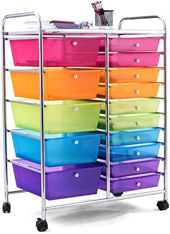 KOTEK 15-Drawer Rolling Storage Cart, Multipurpose Mobile Utility Cart with 4 Wheels, Home Office School Tools Scrapbook Paper Organizer (Multicolor)