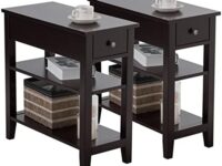 KOTEK End Table Set of 2 with Drawer and Open Storage Shelf, Narrow Side Table, Slim Bedside Table, 3-Tier Nightstand for Living Room, Bedroom, Office (Brown)