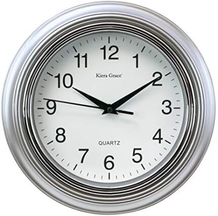 Kiera Grace Wall Clock, 10 Inch, Aster Silver Modern Classic Wall Clocks Battery Operated, Silent Non Ticking Home Decor for Living Room, Kitchen, Bathroom