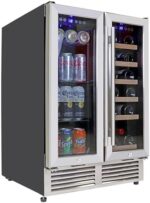 Koolatron 24 In Built-In Dual Zone Under-Counter Front-Venting French Door Wine and Beverage Fridge w/Lock, 56 Can and 18 Bottle Capacity, Digital Controls, Stainless Steel Door Frame Wine Cooler