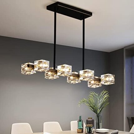 LIGJOY Modern Black Crystal Chandeliers - Black Metal Light Fixture, Gold Ceiling Lighting Fixtures, Crystal Pendant Light for Kitchen Island Farmhouse Dining Room Living Room (8-Lights)