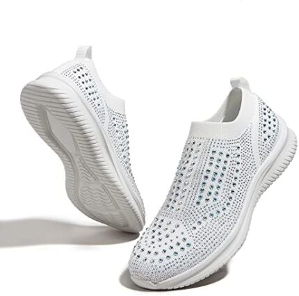 LUCKY STEP Women's Rhinestone Mesh Slip On Walking Shoes Fashion Sneaker