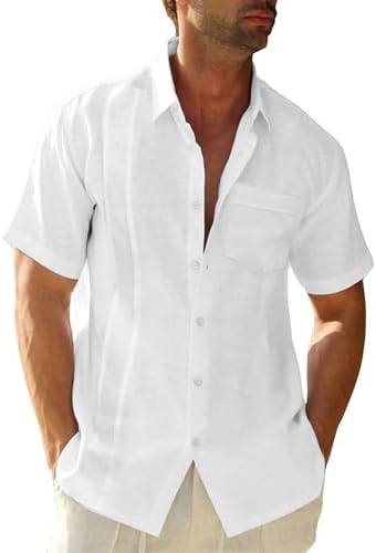 LVCBL Mens Linen Shirts Mens Short Sleeve Shirts Casual Button Down Shirts Lapel with Pocket